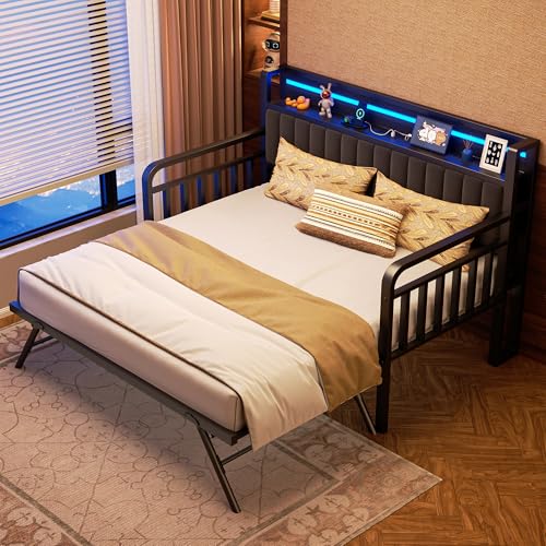 Daybed with Trundle & LED Light, Metal Twin Frame, Storage Headboard - Image 3