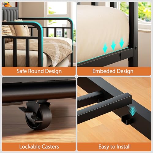 Daybed with Trundle & LED Light, Metal Twin Frame, Storage Headboard - Image 4