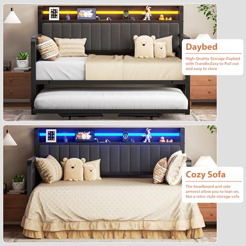 Daybed with Trundle & LED Light, Metal Twin Frame, Storage Headboard - Image 8