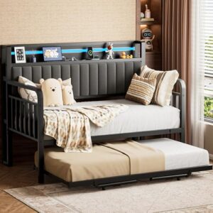 Daybed with Trundle & LED Light, Metal Twin Frame, Storage Headboard Daybed with Trundle & LED Light, Metal Twin Frame, Storage Headboard
