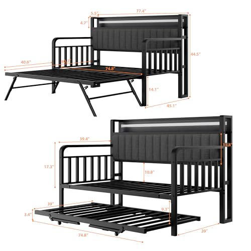 Daybed with Trundle & LED Light, Metal Twin Frame, Storage Headboard - Image 2