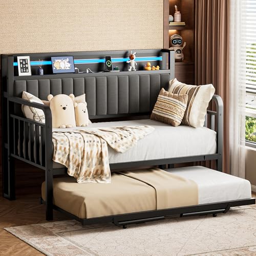 Daybed with Trundle & LED Light, Metal Twin Frame, Storage Headboard