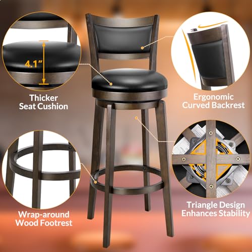 Extra Tall Swivel Bar Stools Set of 2 - Black Faux Leather - Image 3