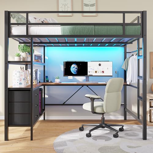 Full Metal Loft Bed with L-Shaped Desk, Storage & LED Lights - Image 3