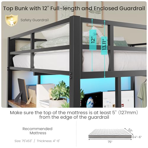 Full Metal Loft Bed with L-Shaped Desk, Storage & LED Lights - Image 4