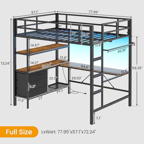 Full Metal Loft Bed with L-Shaped Desk, Storage & LED Lights - Image 2