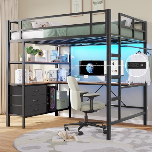 Full Metal Loft Bed with L-Shaped Desk, Storage & LED Lights