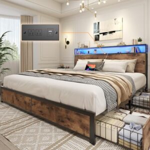 Lifezone Queen Bed Frame with Storage, Charging Station & LED