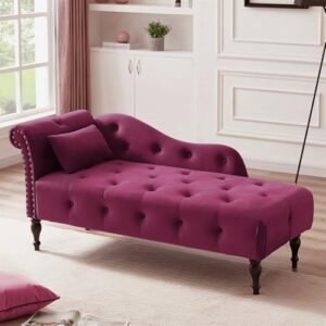 Modern Velvet Chaise Lounge Chair with Solid Wood Legs, Burgundy