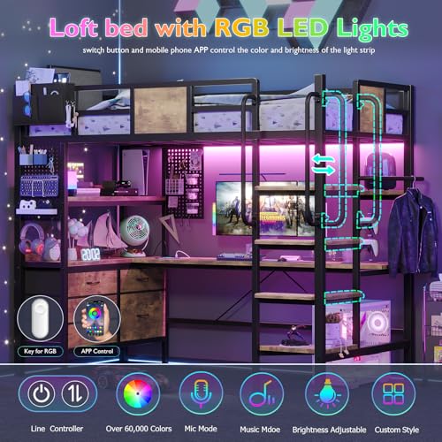Loft Bed with Desk & Storage, Twin Size, LED Lights, Brown - Image 3