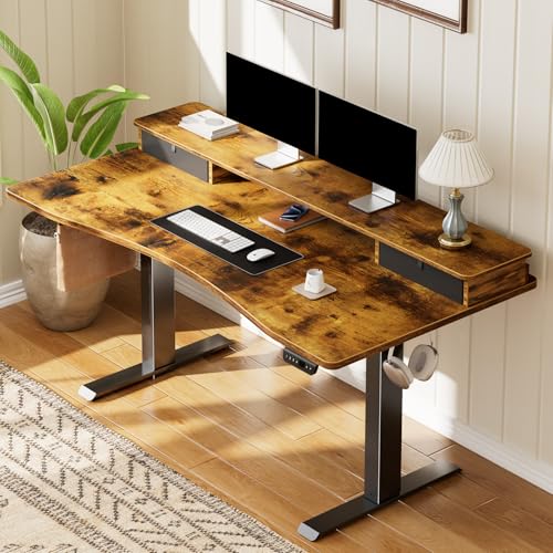 Veken Brown Adjustable Standing Desk with Storage & Monitor Shelf - Image 2