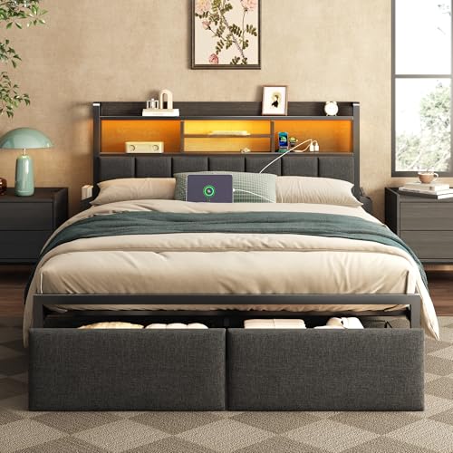Furnulem Full Size Bed Frame with Storage, LED Lights, Black