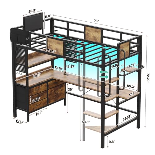 Loft Bed with Desk & Storage, Twin Size, LED Lights, Brown - Image 2