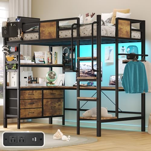 Loft Bed with Desk & Storage, Twin Size, LED Lights, Brown