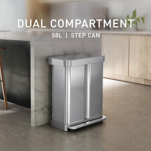Simplehuman 58L Dual Compartment Step Trash Can, Stainless Steel - Image 2