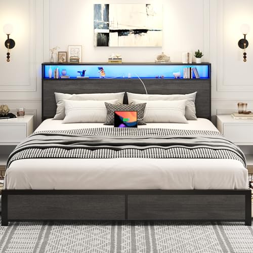 Lifezone King Bed Frame with Storage, Charging, LED - Rustic Grey - Image 3