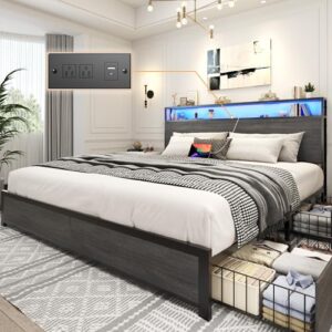 Lifezone King Bed Frame with Storage, Charging, LED – Rustic Grey Lifezone King Bed Frame with Storage, Charging, LED – Rustic Grey