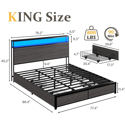 Lifezone King Bed Frame with Storage, Charging, LED - Rustic Grey - Image 2