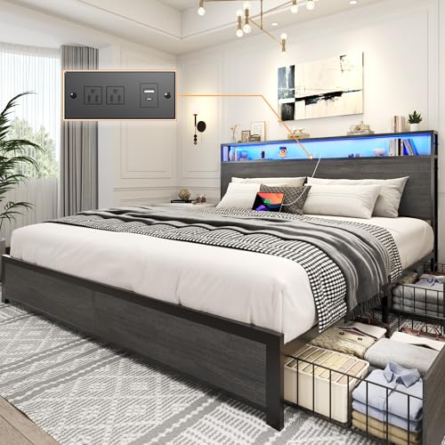 Lifezone King Bed Frame with Storage, Charging, LED - Rustic Grey